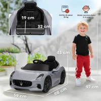 AIYAPLAY Carro Elétrico para Crianças Maserati Gran Turismo Folgore 12V Controlo Remoto Faróis Buzina e Música MP3 98x59x43 cm Cinza(m-3)