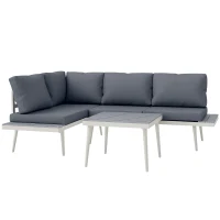 Outsunny Gartenmöbel Set 4 Personen wetterfest Balkonmöbel-Set mit 2er Sofa, Kissen Beistelltisch Stahl Grau(m-11)