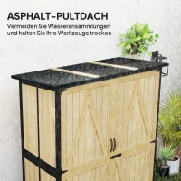Outsunny Gartenschrank aus Holz und Stahl, Outdoor-Werkzeugschrank mit Asphalt-Dach, 2 Regale, verschließbare Türen, Naturholz(m-5)