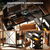 HOMCOM L-vormig bureau met oplaadstation, hoekcomputertafel met monitorstandaard en planken, voor thuiskantoor, kantoor, zwart(m-6)