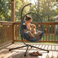 Outsunny Silla Colgante Huevo con Soporte con Cesta Plegable Cojín y Reposacabezas para Interior y Exterior Carga 120 kg Gris(m-8)