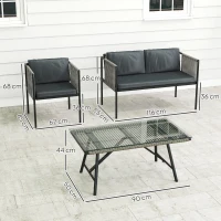 Outsunny 4-teiliges Gartenmöbel-Set, 1 Sofa, 2 Sessel, 1 Tisch mit Glasplatte, Kissen, Stahlrahmen, Kunststoff-Rattan, Grau(m-3)