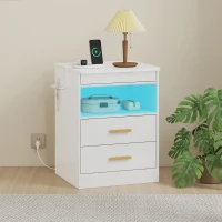 HOMCOM Nachttisch, Beistelltisch mit Ladestation und RGB-LED-Beleuchtung, Hochglanz Weiß(m-9)