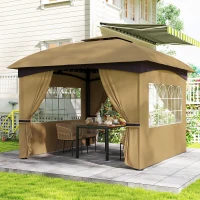 Outsunny Foișor de Grădină 3.4x3.4m cu Pereți, Protecție UV și Acoperiș pe 2 Niveluri, Bej(m-10)