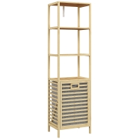 HOMCOM Badkamerrek met Wasmand, 3 Planken, Bamboe Frame, 44x33x160cm, Natuur