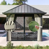 Outsunny 3 x 3 m harddak-paviljoen, tuinpaviljoen met metalen dak, waterbestendige tuintent met net en zijwanden, donkergrijs(m-7)