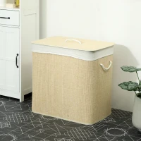 HOMCOM Coș pentru Rufe din Bambus cu Capac, 144L, 3 Compartimente, Sac Detașabil și Lavabil, Mânere, Crem(m-9)