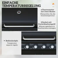 Outsunny Fahrbarer Gasgrill mit Stauraum, Seitentisch, Seitenbrenner, Warmhalterost, Thermometer, Edelstahl, Schwarz(m-5)