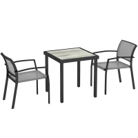 Outsunny 3-delig eetset, buitentafel in houtlook, 2 stoelen, weerbestendig, stalen frame, terrasmeubels, Grijs(m-1)