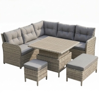 Outsunny 7 Seater Rattan Garden Furniture Set, 6 Piece Patio Dining Set with Liftable Coffee Table and Soft Padded Cushion, Wicker Sectional Conversation Corner Sofa, 123 x 55 x 84 cm, Light Grey