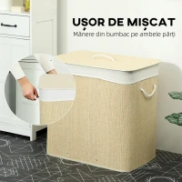 HOMCOM Coș pentru Rufe din Bambus cu Capac, 144L, 3 Compartimente, Sac Detașabil și Lavabil, Mânere, Crem(m-6)
