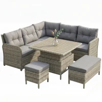 Outsunny 7 Seater Rattan Garden Furniture Set, 6 Piece Patio Dining Set with Liftable Coffee Table and Soft Padded Cushion, Wicker Sectional Conversation Corner Sofa, 123 x 55 x 84 cm, Grey(m-10)