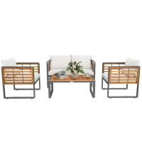 Outsunny 4-teiliges Gartenmöbel-Set, 2 Sessel, 1 Sofa, 1 Kaffeetisch, Sitzkissen, Akazienholz, Stahlgestell, Grau+Beige(m-10)