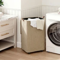 HOMCOM Cesto de Roupa Suja com Tampa e Rodas, 50L, Dobrável com Bolsa com Cordão Removível, 40x30x65 cm, Castanho(m-10)