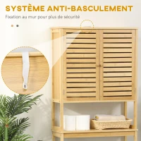 kleankin Étagère de toilettes meuble de salle de bain dessus toilette WC avec placard 2 portes et étagère ouverte 60 x 23 x 173 cm bambou(m-5)