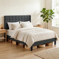 HOMCOM Cama 135x190 cm Estrutura de Cama com Cabeceira Estofada em Linho e Espaço de Armazenamento Debaixo da Cama Cinza(m-10)