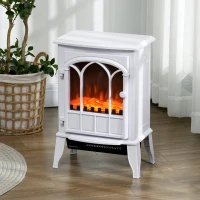 HOMCOM Șemineu Electric de Podea, Putere 1000W / 2000W, cu Efect de Flacără Reglabil, 39x23x56,5cm, Alb(m-10)