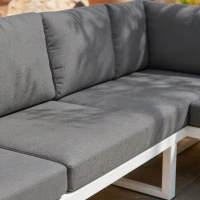 Outsunny 6 Seater Metal Garden Furniture Corner Sofa Set with 3 Loveseats, Faux Wood Table, Texteline Seat, Cushions, White(m-10)