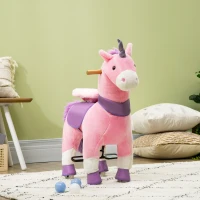 HOMCOM Cavallo a Dondolo con Ruote a Forma di Unicorno per Bambini da 3-6 Anni, 70x32x87cm, Rosa(m-10)