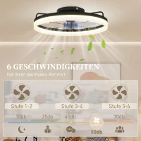 HOMCOM Deckenventilator mit Licht und Fernbedienung, 50 cm LED-Deckenventilator mit 3 Farben, 6 Geschwindigkeiten, Timer, Dimmbar(m-5)