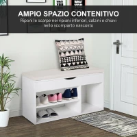 HOMCOM Panca Scarpiera, Mobile Portascarpe Salvaspazio con Sedile Imbottito Ribaltabile da Ingresso Legno, 80x30x47cm, Bianco(m-5)