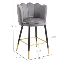 HOMCOM Set de 2 Scaune de Bar Catifelate cu Suport pentru Picioare și Bază din Oțel, 59x52x90cm, Gri(m-3)