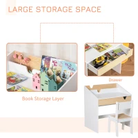 HOMCOM Kids Desk and Chair Set 2 Pieces Children Study Table with Storage Pull-Out Drawer Bookshelf for 3-6 Years Writing, Reading, Drawing, White(m-5)