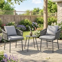 Outsunny 3-teiliges Außenmöbel-Set, 2 Stühle, 1 Tisch, Bistro-Set, Kunst-Rattan, Stahlrahmen, Metalltisch, 4 Kissen, Grau(m-10)