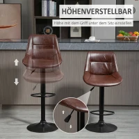 HOMCOM Set 2 Scaune de Bar Vintage din Piele Sintetică Maro cu Suport pentru Picioare și Bază Rotundă, 46,5x50x88-108 cm(m-4)