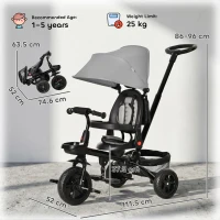 HOMCOM 4 in 1 Kids Trike Toddler Foldable Pedal Tricycle w/ Reversible Angle Adjustable Seat Removable Handle Canopy Belt Brake - Grey(m-3)