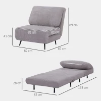 HOMCOM Poltrona Letto Singola 2 in 1 con Schienale Regolabile su 3 Livelli, in Legno e Acciaio, Grigio Chiaro(m-3)