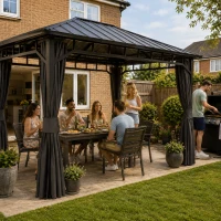 Outsunny 3 x 4m Hardtop Gazebo with Galvanised Steel Roof and Water Gutter, Waterproof Permanent Pavilion Garden Gazebo with Netting and Curtains for Patio, Deck(m-2)