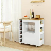 HOMCOM Küchenwagen, Rollbare Kücheninsel, Küchen-Trolley mit Fächern, Weinregalen, Schrank und Arbeitsfläche, Weiß(m-10)
