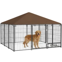 PawHut Recinto per Cani in Metallo e Tessuto Oxford con Porticina per Ciotole, 211x211x151 cm, Nero e Marrone(m-12)