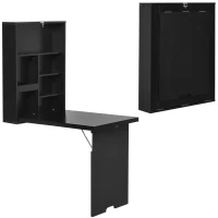 HOMCOM Wall Mounted Folding Table Floating Fold Down Desk With Chalkboard and Storage Compartments Black(m-1)