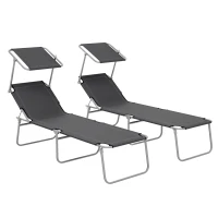 Outsunny Folding Sun Lounger Set of 2 with Canopy, Reclining Sunbed with 4-Position Adjustable Backrest, 600D Oxford Cloth, Portable Garden Lounger Recliner Chair for Beach, Camping, Patio, Grey(m-10)