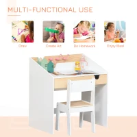 HOMCOM Kids Desk and Chair Set 2 Pieces Children Study Table with Storage Pull-Out Drawer Bookshelf for 3-6 Years Writing, Reading, Drawing, White(m-4)