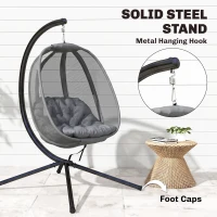 Outsunny Hanging Egg Chair, Folding Texteline Swing Hammock with Side Pocket, Cushion and Stand for Indoor Outdoor, Patio Garden Furniture, Grey(m-18)