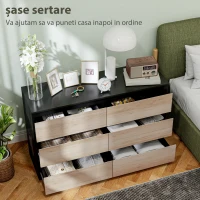 HOMCOM Comodă cu 6 Sertare pentru Dormitor din Lemn cu Șine Metalice, 120x39x75 cm, Neagră și de Culoarea Lemnului(m-5)