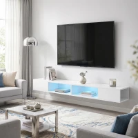 HOMCOM Comodă TV Suspendată cu Lumină LED cu Rafturi Deschise pentru Televizor 190,5 cm 177,8x30x18 cm Alb(m-6)
