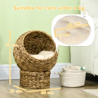 PawHut Woven Banana Leaf Elevated Cat Bed Wicker Kitten Basket Pet Den. House Cosy Cave with Soft Cushion Dome 42x33x52cm Brown(m-3)