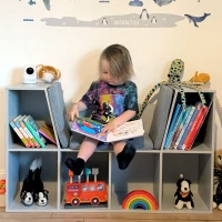 HOMCOM Kids Bookcase Shelf Storage Cabinet Unit, Living Room Sideboard w/ Six Compartments for Toys, Books - Grey(m-8)