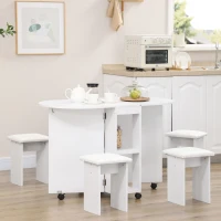 Set HOMCOM 5 piese, masă pliabilă cu 2 rafturi și 4 scaune din PAL, alb(m-12)