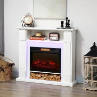 HOMCOM Șemineu Electric 1800W Reglabil cu Flacără 3D, Raft, Timer și Telecomandă, 105x27x97 cm, Alb(m-10)