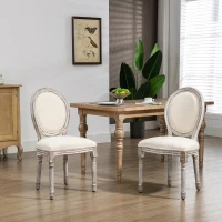 HOMCOM Set 2 Scaune Clasice pentru Masă de Dining din Lemn cu Tapițerie din Material Textil, Crem(m-10)