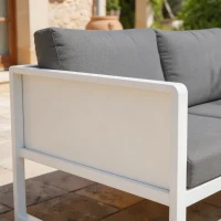 Outsunny 6 Seater Metal Garden Furniture Corner Sofa Set with 3 Loveseats, Faux Wood Table, Texteline Seat, Cushions, White(m-13)