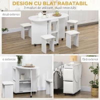 Set HOMCOM 5 piese, masă pliabilă cu 2 rafturi și 4 scaune din PAL, alb(m-5)