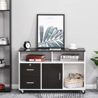Support d'imprimante Organiseur Bureau Caisson Placard + 2 tiroirs + niches + Grand Plateau Panneaux Particules (Noir)(m-10)