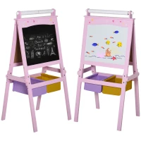 HOMCOM Kids Easel 3 in 1 Wooden Art Easel with Paper Roll Double-Sided Chalkboard & Whiteboard with Storage Baskets for Toddler Girls, Pink(m-10)