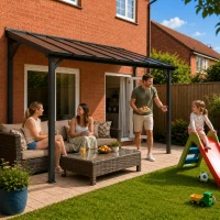 Outsunny 3 x 3 m Lean to Pergola with UPF 50+ Waterproof Polycarbonate Roof, Wall-Mounted or Free Standing Hardtop Roof Garden Metal Pergola Gazebo, Heavy Duty Outdoor Sun Shade, Dark Grey(m-2)
